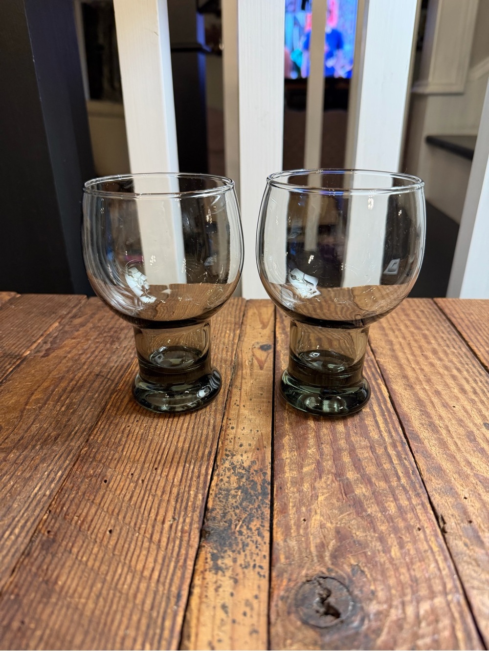Pair of vintage MCM Libbey Stax smoke gray pedestal glasses
